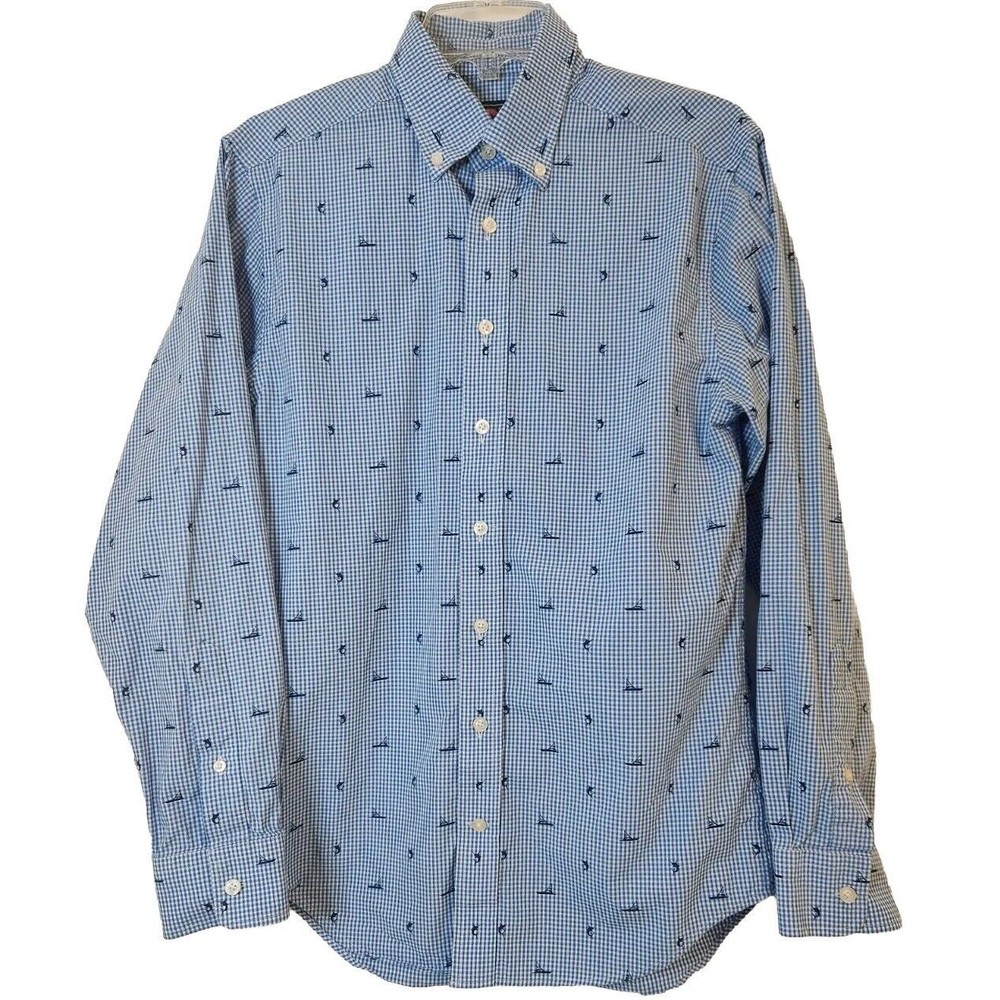 VINEYARD VINES Slim Fit Whale Shirt White Blue Check Sailboats Marlins Men Small